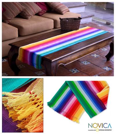 Cotton table runner, 'Rainbow Fantasy' - Handcrafted Cotton Striped Table Runner