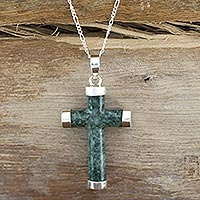 Jade cross necklace, 'Maya Hope' - Handcrafted Sterling Silver Jade Pendant Cross Necklace