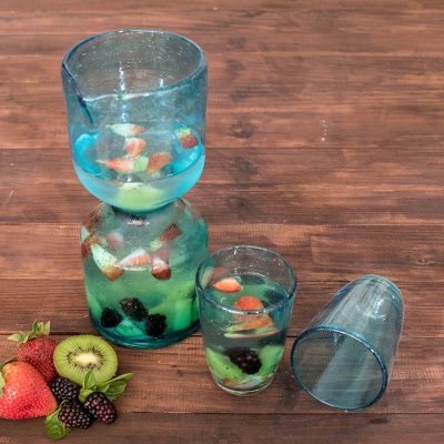 Blown glass carafe and glasses, Azure Chalice (set for 2)