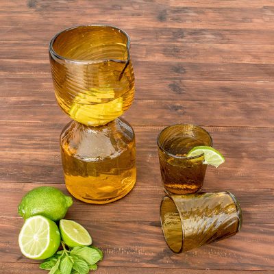 Blown glass carafe and glasses, 'Amber Chalice' (set for 2) - Handblown Glasses and Pitcher Carafe Set for 2