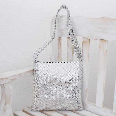 Recycled metalized wrapper shoulder bag, 'Moonlight' - Artisan Crafted Recycled Wrapper Shoulder Bag
