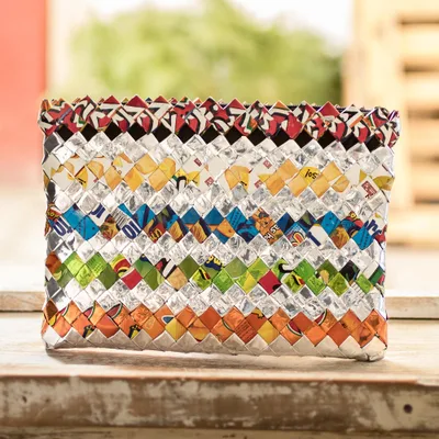 Recycled metalized wrapper clutch handbag, Festive
