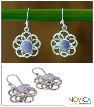 Jade flower earrings, 'Maya Lilac' - Floral Sterling Silver Jade Dangle Earrings