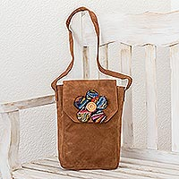Leather shoulder bag Brown Maya Flower Guatemala