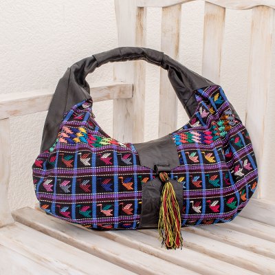 Leather accent cotton baguette handbag, Birds of Santiago