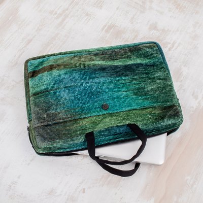 Bamboo chenille and cotton laptop case, Iridescent Jade (14 inch)