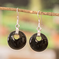 Jade dangle earrings, 'Black Maya Moon' - Fair Trade Jade Dangle Earrings with 925 Silver