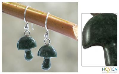 Jade dangle earrings, Dancing Green Mushrooms