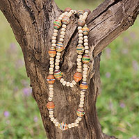 Wood and recycled paper necklace Eco in Orange Guatemala
