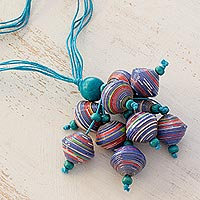 Wood and recycled paper pendant necklace Playful Blue Guatemala