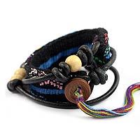 Leather and cotton wrap bracelet,