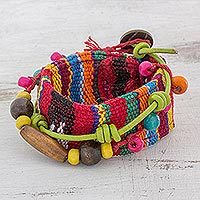 Leather accent cotton wrap bracelet,