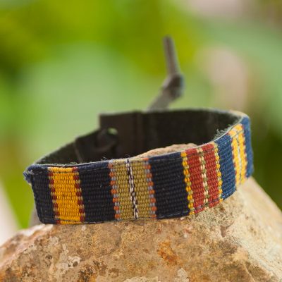 Men's leather and cotton wristband bracelet, 'Land of the Maya' - Men's Cotton and Leather Bracelet