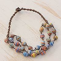 Recycled paper and cotton beaded necklace,