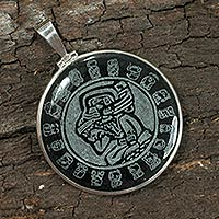 Jade pendant, 'Maya Calendar' - Sterling Silver Jade Pendant from Central America