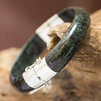 Jade bangle bracelet, 'Verdant Moon' - Artisan Crafted Maya Jade and Silver Bangle Bracelet