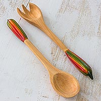 Wood salad serving set, 'Red Chili Pepper' (pair) - Hand Crafted Wood Salad Serving Set