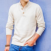 Men's cotton sweater, 'Ivory Comfort' - Men's cotton sweater