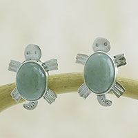 Light green jade button earrings, 'Marine Turtles' - Light green jade button earrings