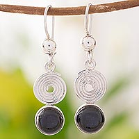 Black jade dangle earrings, 'Spiral of Life' - Black Jade Dangle Earrings from Guatemala