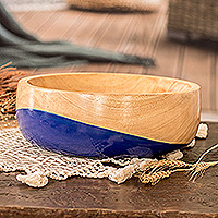 Wood bowl, 'Spicy Blue' (large) - Dip Painted Hand Carved Wood Bowl (large)