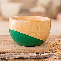Wood bowl, 'Spicy Green' (small) - Dip Painted Hand Carved Wood Bowl (Small)