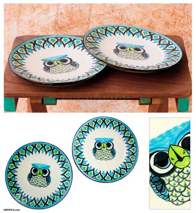 Ceramic dinner plates, Owl (pair)