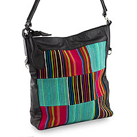 Cotton and leather accent shoulder bag Antigua Rainbow Guatemala