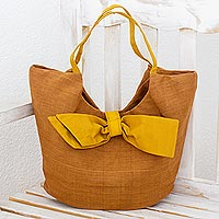 Leather accent cotton hobo bag Chic Yellow Bow Guatemala