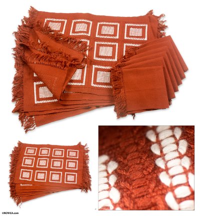 Cotton placemat and napkin set, Antigua Brown (set of 6)