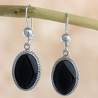 Jade dangle earrings, 'Ya'ax Chich Mystique' - Black Jade Earrings Sterling Silver Artisan Jewelry