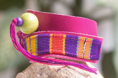 Leather and cotton wrap bracelet, Bright Jaguar