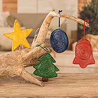 Recycled paper ornaments Joyous Christmas set of 4 Guatemala