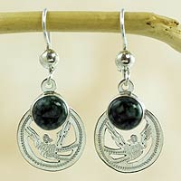 Jade dangle earrings, 'Quetzal Patriot' - Handmade Jade and Sterling Silver Earrings