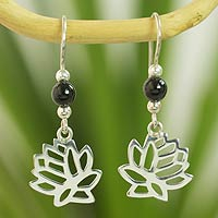 Jade flower earrings, 'Flower of the Lotus' - Guatemalan Black Jade Lotus Earrings