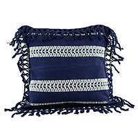 Cotton cushion cover, 'Weaving Blue Paths' - Navy Blue Hand Woven Cotton Cushion Cover with Rayon Trim