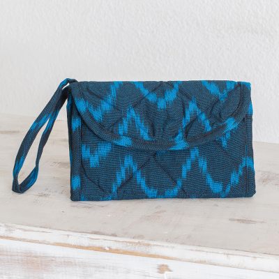 Cotton wristlet bag, Midnight Blue Zigzag