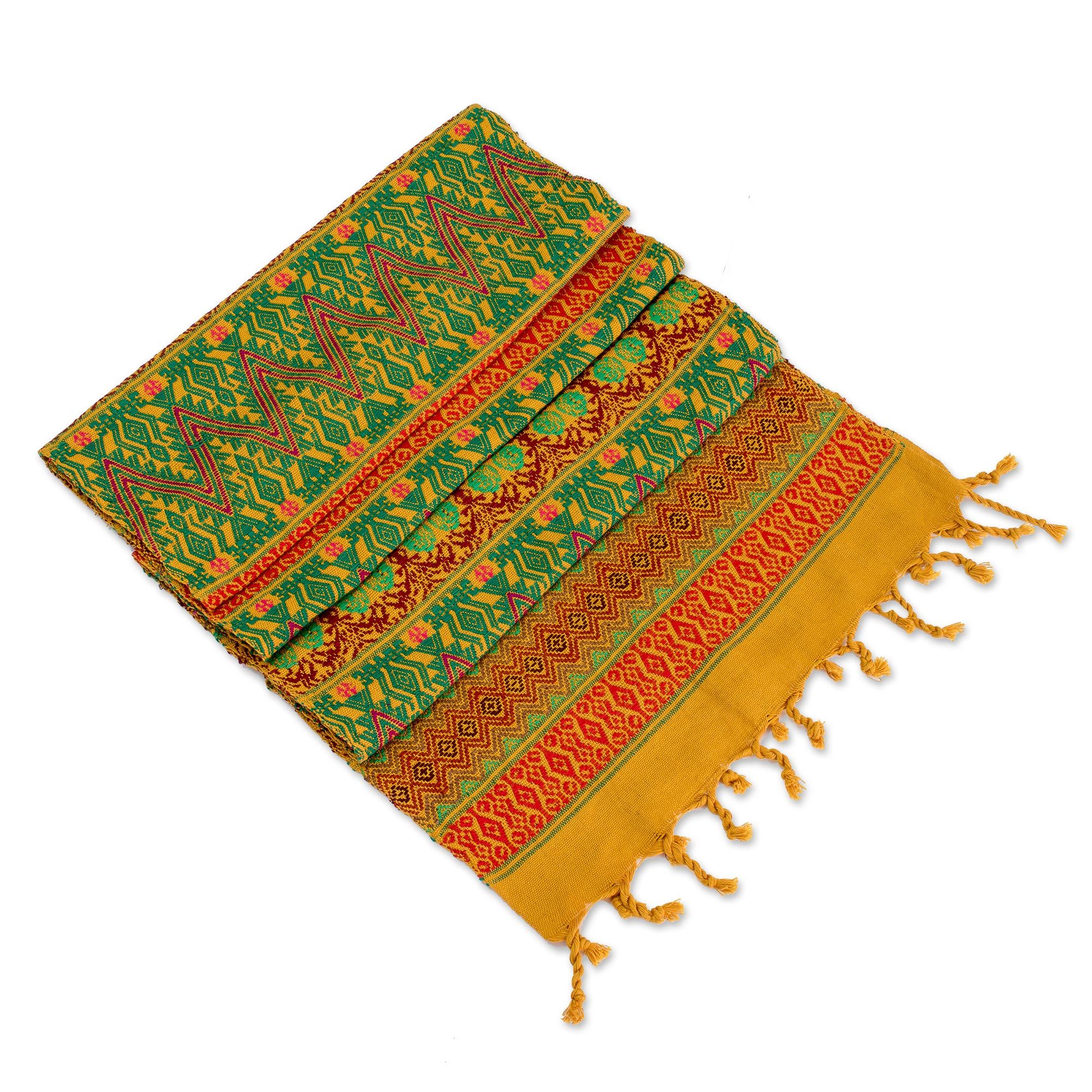 Maya Handwoven Table Runner in Mustard, Green and Red Guatemala