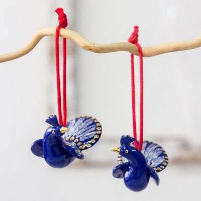Ceramic ornaments, Festive Blue Peacocks (pair)