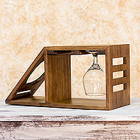 Wood wine bottle and glasses holder, 'Organic Minimalism' - Artisan Crafted Wood Holder for Wine Bottle and Glasses