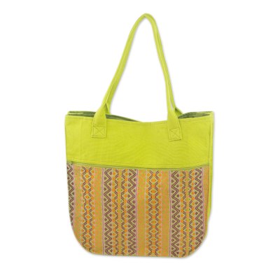 Cotton tote handbag, 'Maya Lemon' - Handwoven Yellow and Orange Tote Handbag from Guatemala