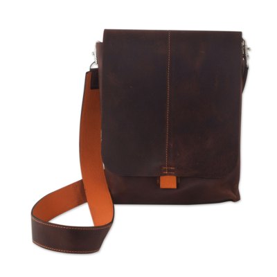 Leather iPad shoulder bag, 'Cyber Traveler' - Brown and Orange Leather iPad Shoulder Bag 2 Compartments