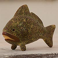 Ceramic ocarina, 'Brown Green Beige Fish' - Hand Crafted Brown Green Ceramic Fish Ocarina Flute