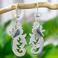 Light green jade dangle earrings, 'Forest Quetzal' - Hand Crafted Sterling Silver Bird Earrings with Jade Wing