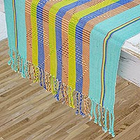 Cotton table runner Diamond Poem in Aqua Guatemala