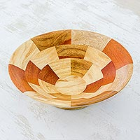 Mahogany and teak wood fruit bowl, 'Tikal Stairway' - Mahogany and Palo Blanco Wood Fruit Bowl Crafted by Hand
