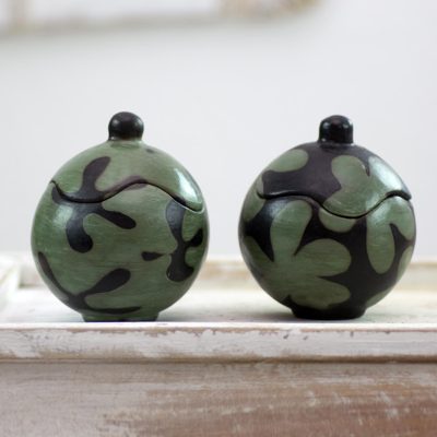 Ceramic jars, Black and Green Blossoms (pair)