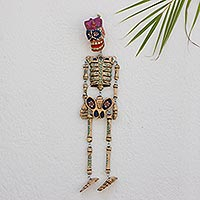Wood wall sculpture, 'Dancing Floral Skeleton' - Day of the Dead Skeleton Wood Wall Sculpture from Guatemala