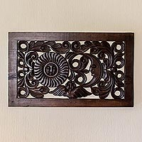 Wood wall panel, 'The Angel and the Stars' - Artisan Crafted Pine Wood Wall Panel with Sun and Moon