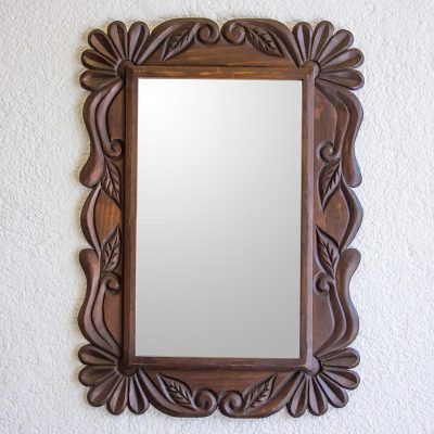Wood wall mirror, 'Sunflower Elegance' - Handcrafted Pinewood Floral Motif Mirror from Guatemala